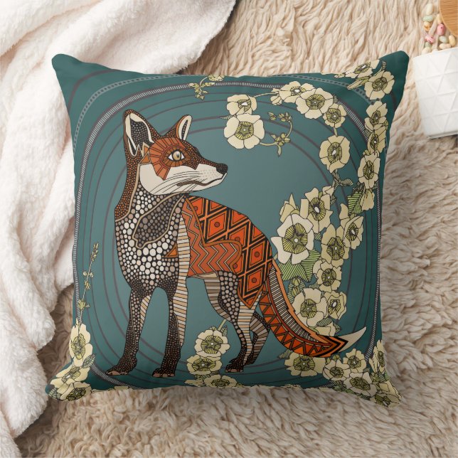 hollyhocks fox deep pine cream throw pillow (Blanket)