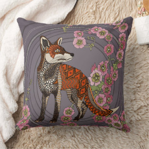 hollyhocks fox eggplant pink throw pillow
