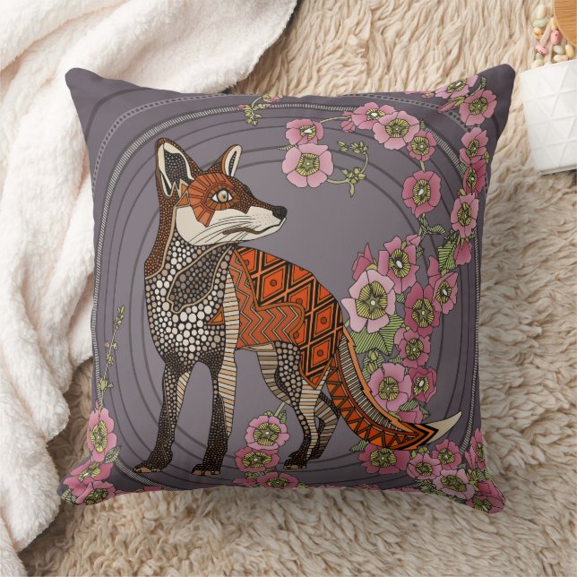 hollyhocks fox eggplant pink throw pillow (Blanket)