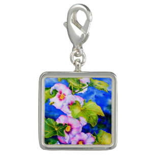Hollyhocks pink white watercolor floral painting charm