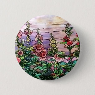 Hollyhocks Vintage Floral Tiffany Stained Glass 2 Inch Round Button