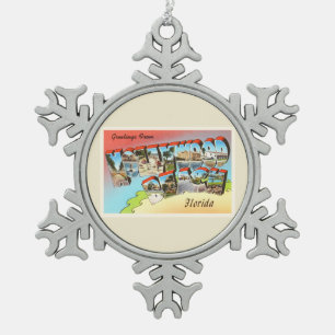 Hollywood Beach Florida FL Vintage Travel Souvenir Snowflake Pewter Christmas Ornament