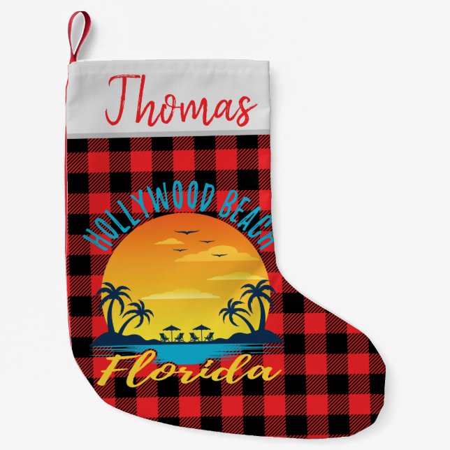 Hollywood Beach Florida Retro Sunset Red Plaid Small Christmas Stocking (Front)