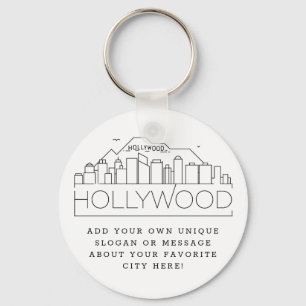 Hollywood, CA Stylized Skyline   Custom Slogan Keychain