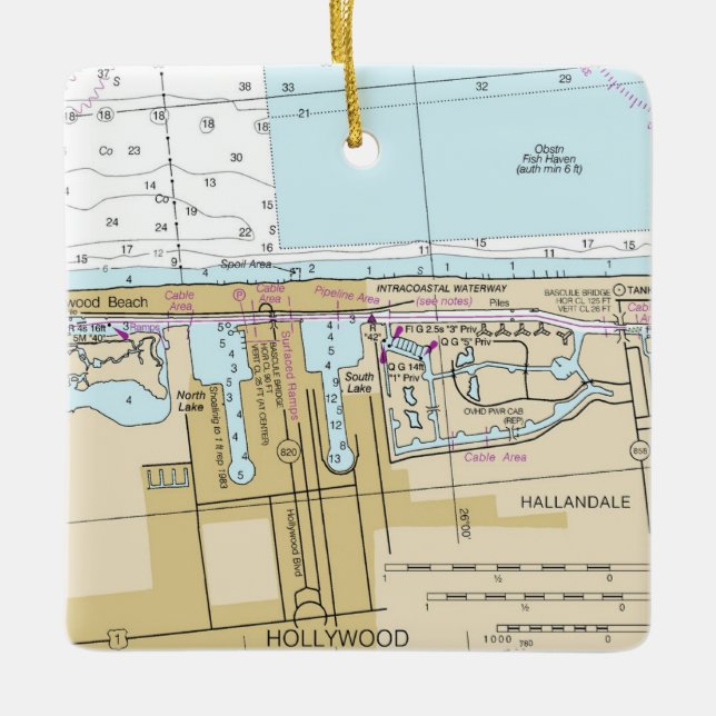 Hollywood Florida Nautical Chart Ceramic Ornament (Front)