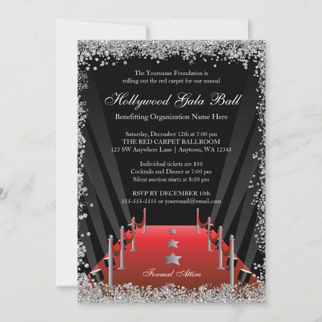 Hollywood Gala Ball Red Carpet Silver Glitter Invitation (Front)