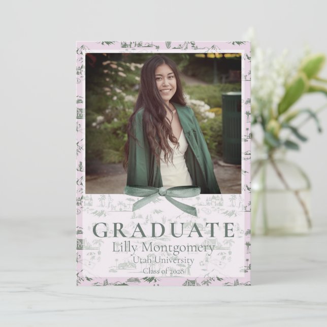 Hollywood Hills Toile Coquette Pink & Green Invitation (Standing Front)