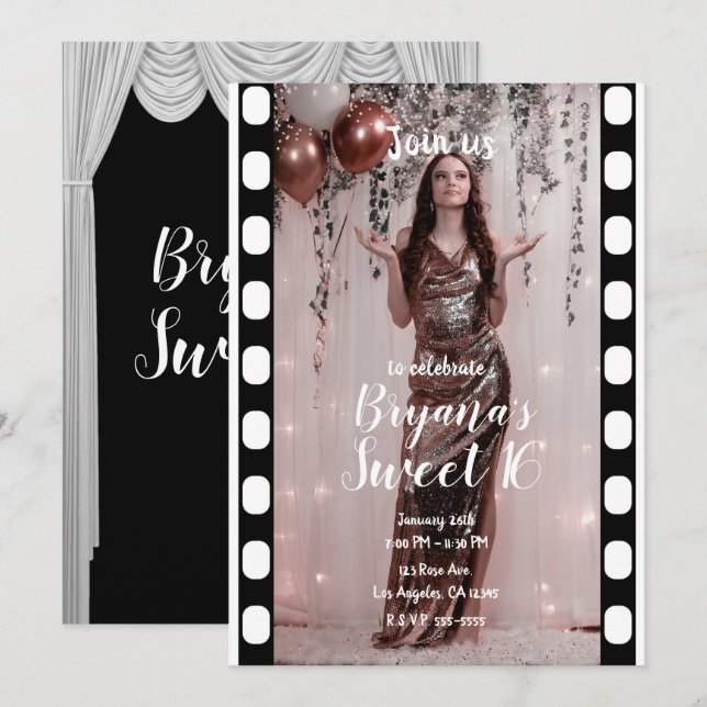 Hollywood Movie Black White Curtains Sweet 16 Invitation (Front/Back)