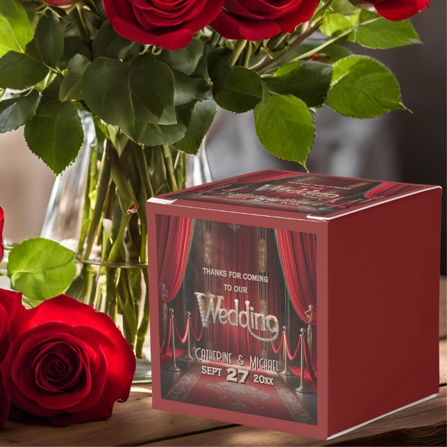 Hollywood Movie Red Carpet Premiere Wedding Favor Box (Angled view paparazzi flash vintage silver screen glam – Red Carpet Wedding Favor Box)