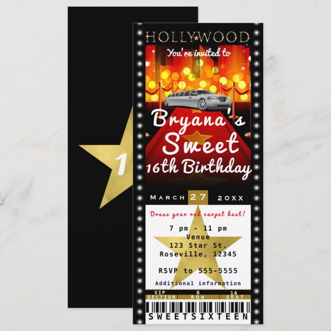 Hollywood Red Carpet VIP Party Ticket Invitation (Front/Back)