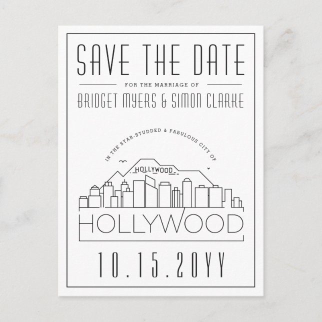 Hollywood | Stylized Skyline Save the Date Postcard (Front)