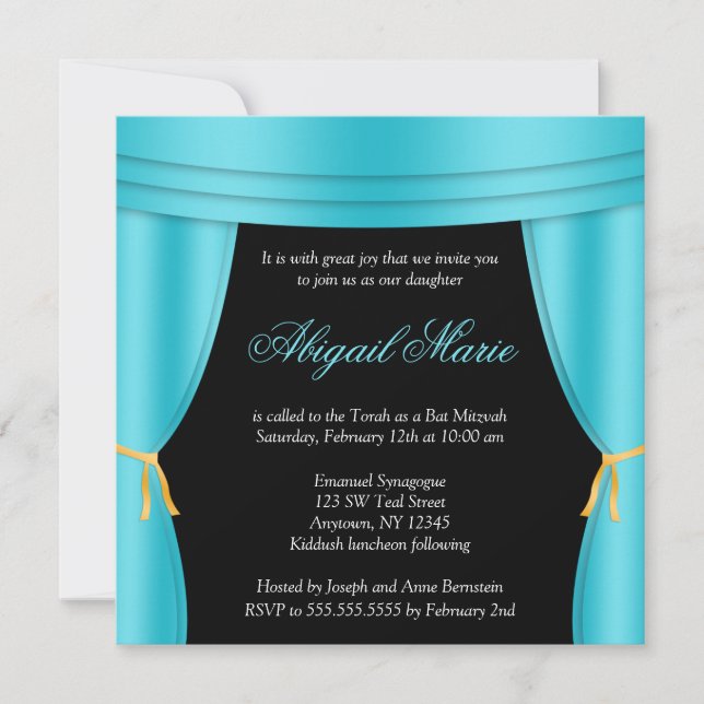 Hollywood Teal Blue Curtain Bat Mitzvah Square Invitation (Front)