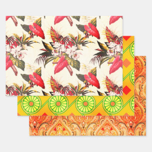 Hollywood Tropic, Bruxelles Apricot, and Thebes Wrapping Paper Sheet