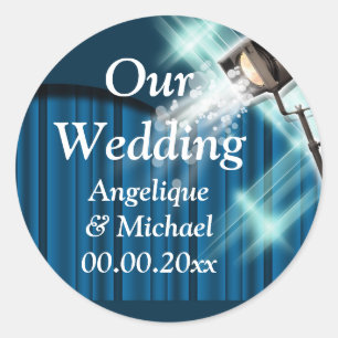 Hollywood wedding announcement couple blue classic round sticker