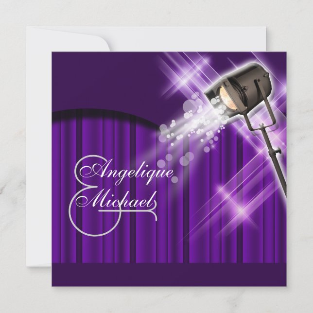 Hollywood wedding purple stars invitation (Front)
