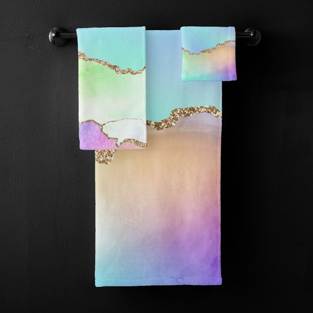 Holo Agate | Faux Iridescent Pastel Ombre Marble Bath Towel Set (Creator Uploaded)