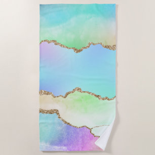 Holo Agate   Faux Iridescent Pastel Ombre Marble Beach Towel