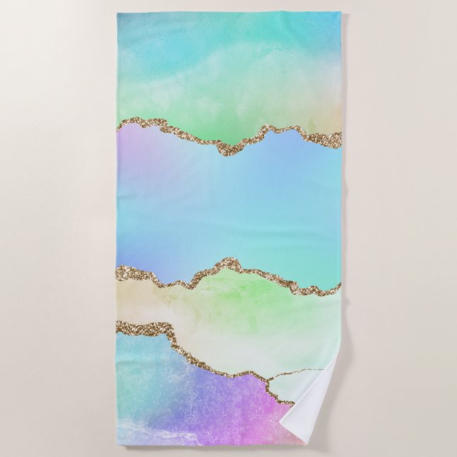 Holo Agate | Faux Iridescent Pastel Ombre Marble Beach Towel (Front)