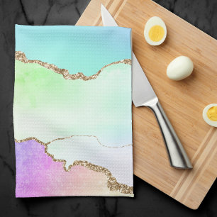 Holo Agate   Faux Iridescent Pastel Ombre Marble Kitchen Towel