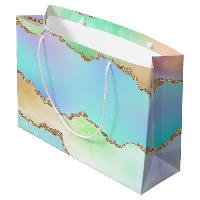 Holo Agate | Faux Iridescent Pastel Ombre Marble Large Gift Bag (Back Angled)