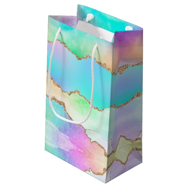 Holo Agate | Faux Iridescent Pastel Ombre Marble Small Gift Bag (Back Angled)