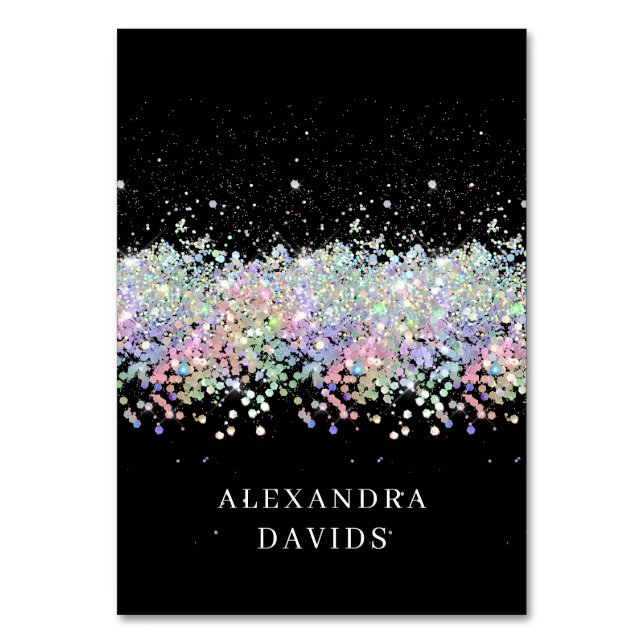 Holo Glitter Black Individual Name Place Card (Front)