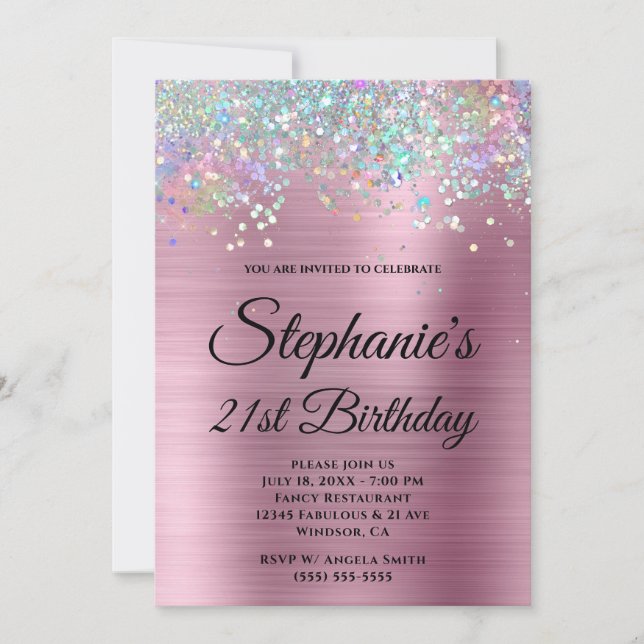 Holo Glitter Girly Pink Foil Fancy Monogram Invitation (Front)