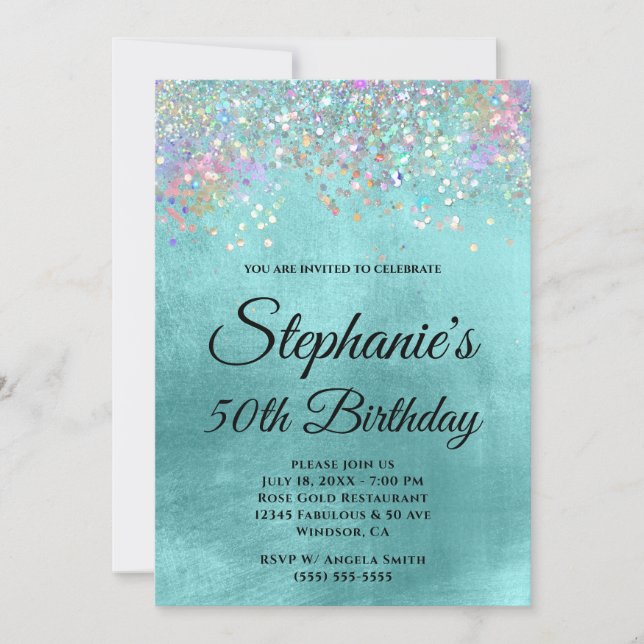Holo Glitter Pale Aqua Blue Foil Fancy Monogram Invitation (Front)