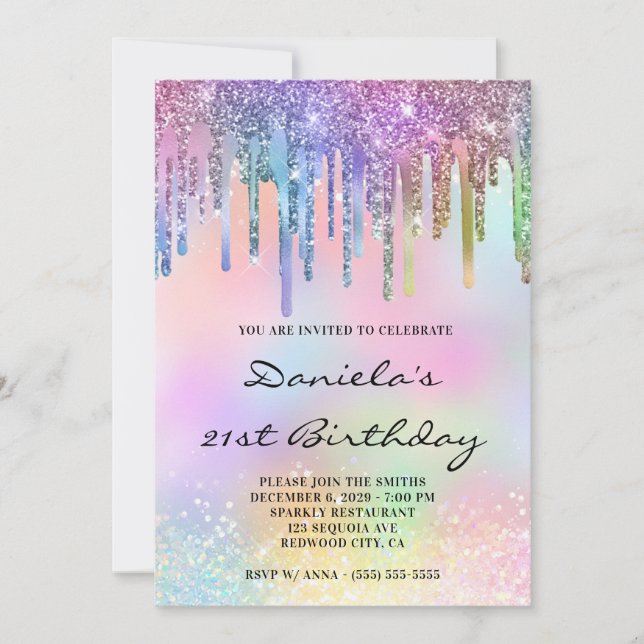 Holo Glitter Rainbow Drips 21st Birthday Invitation (Front)