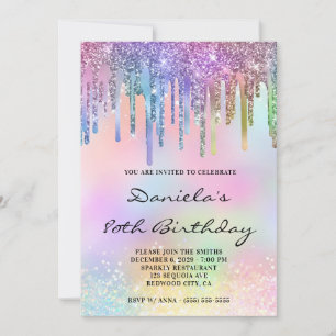 Holo Glitter Rainbow Drips 80th Birthday Invitation