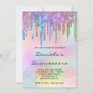 Holo Glitter Rainbow Drips Quinceañera Invitation