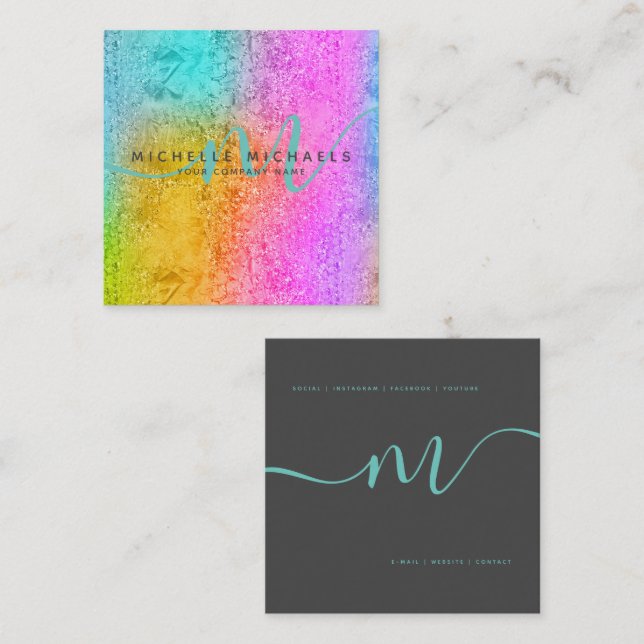 HoloGlam Hologram Glitter Monogram Script Business Square Business Card (Front/Back)