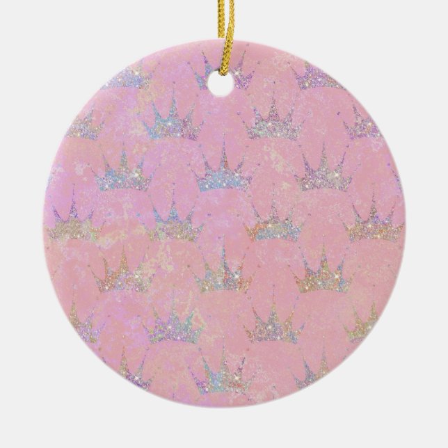 Hologram Holograph Glitter Crown Pink Swirl Marble Ceramic Ornament (Front)