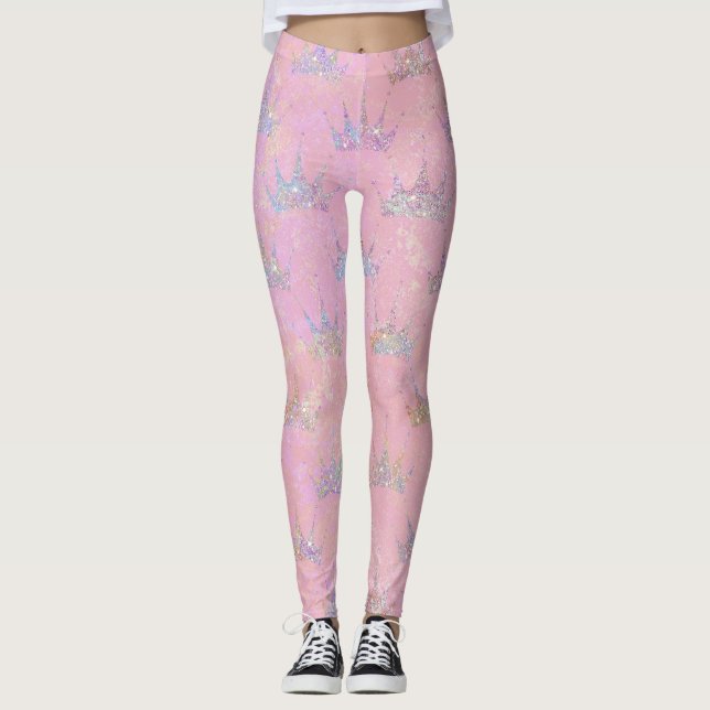 Hologram Holograph Glitter Crown Pink Swirl Marble Leggings (Front)