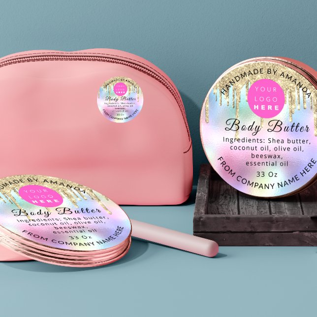 Holograph Custom Logo Name Body Care Drips Classic Round Sticker (Holograph Custom Logo Name Body Care Drips Classic Round Sticker)