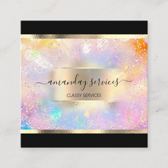 Holograph Makeup Gold Frame Boutique Shop Square Square Business Card (Front)