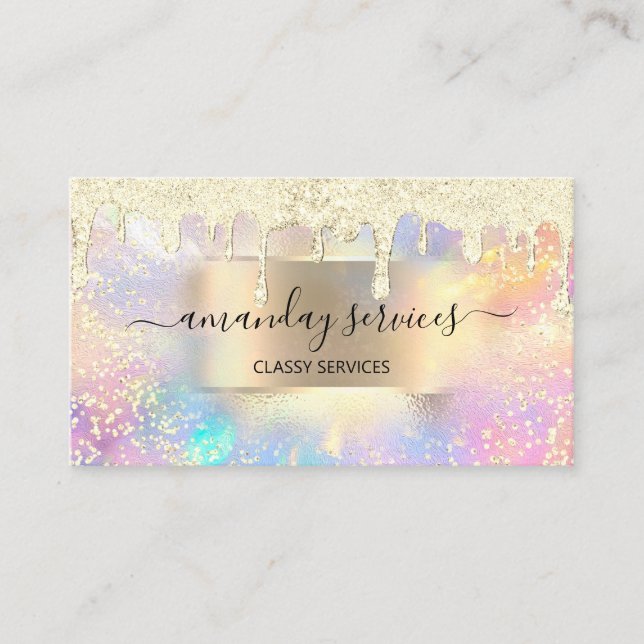 Holograph Makeup Lashes NAILS Boutique Gold Drip Business Card (Front)