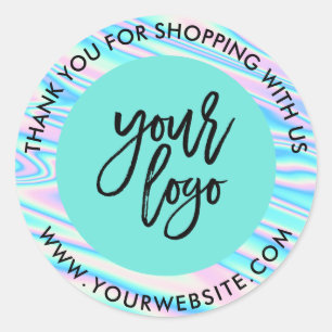 Holograph rainbow custom logo name teal thank you classic round sticker