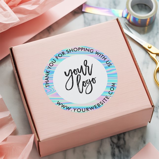 Holograph rainbow custom logo name white thank you classic round sticker (Holograph rainbow custom logo name white thank you)