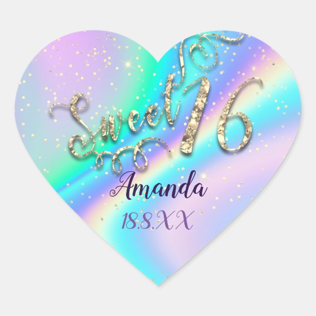 Holograph Sweet 16th Unicorn Heart Glitter Spark Heart Sticker (Front)