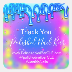 Holograph Thank You Boutique Drip Hot Pink Blue Square Sticker