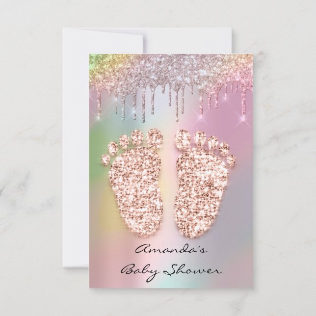 HolographGlitter Drips Rose Gold  Baby Shower Feet Invitation (Back)