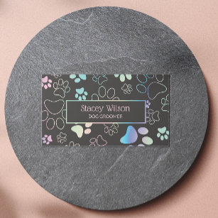  Holographic And Charcoal Paw Print Pet Groomer  Business Card
