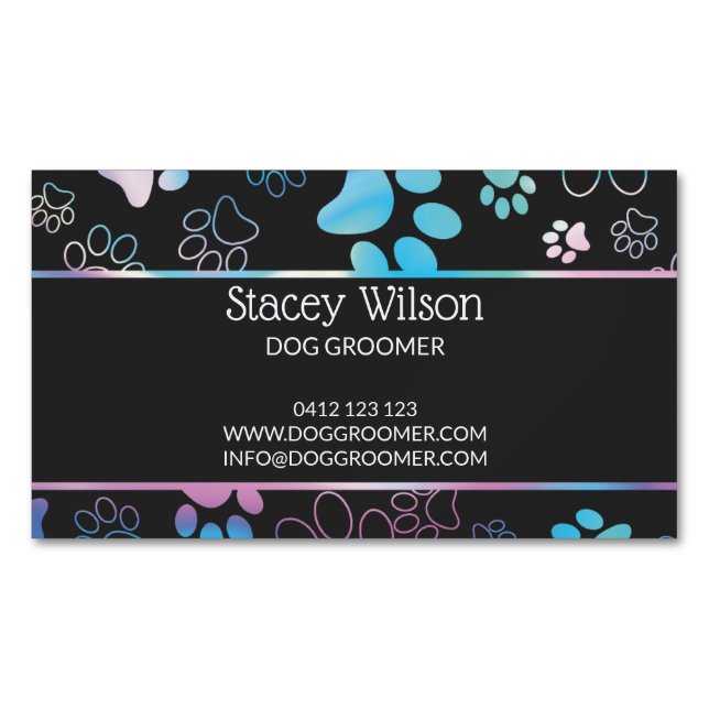  Holographic And Charcoal Paw Print Pet Groomer  Magnetic Business Card (Front)
