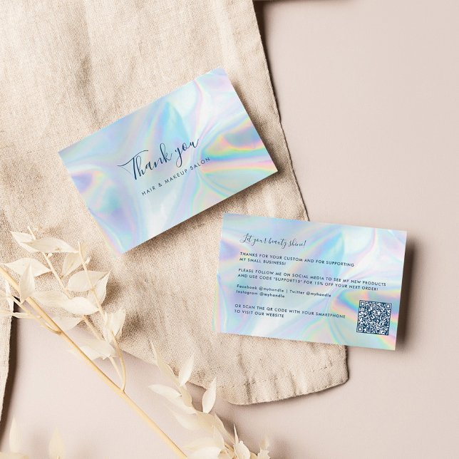 Holographic Beauty Salon QR Code Script Thank You Business Card (Business Thank You Card with Custom QR Code)