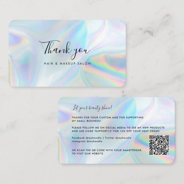 Holographic Beauty Salon QR Code Thank You Card (Front/Back)