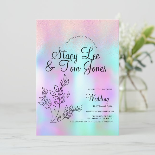 Holographic Botanical Faux Pink Glitter  Invitation (Standing Front)