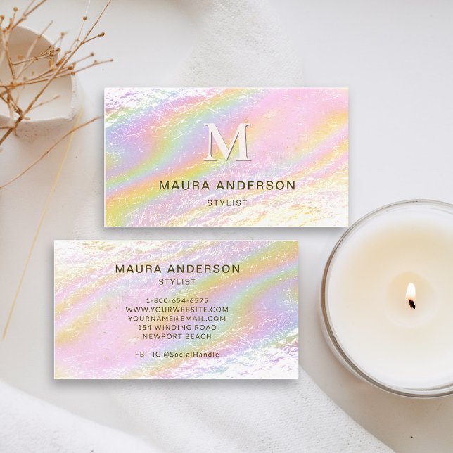 Holographic Brushed Pink Modern Monogram Elegant Business Card (holographic business card pink rainbow modern hairdresser stylist coach content creator lash nails)