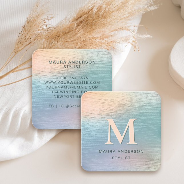 Holographic Brushed Teal Modern Monogram Elegant Square Business Card (holographic business card square pink peach teal monogram hairdresser stylist lash nails make-up)