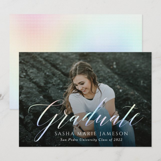 Holographic Calligraphy Graduate Landscape Photo Invitation (Front/Back)